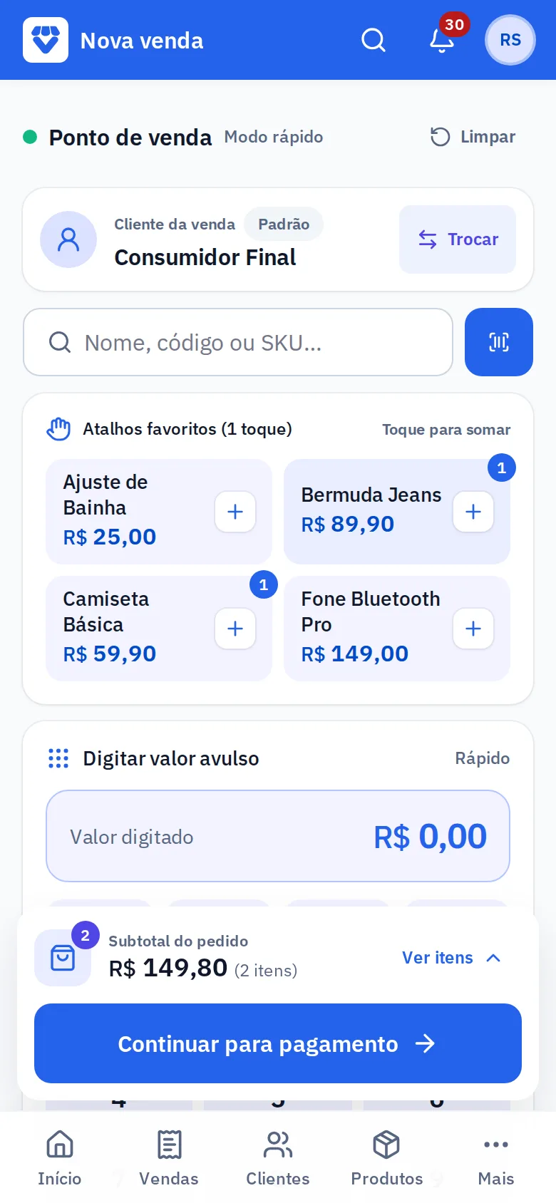 Tela Nova venda no celular, com atalhos de produtos favoritos, campo de busca e valor avulso