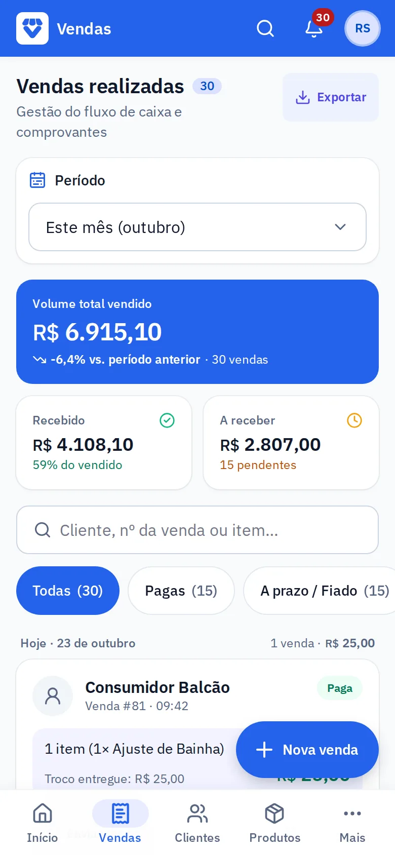 Tela Vendas realizadas com os valores recebidos e a receber, e o filtro A prazo